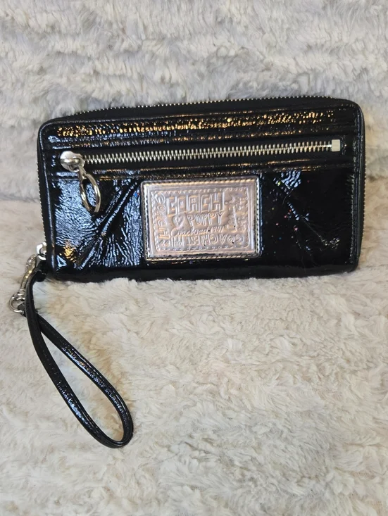 Coach Black Patent Poppy  Leather Clutch with Silver Logo Plate