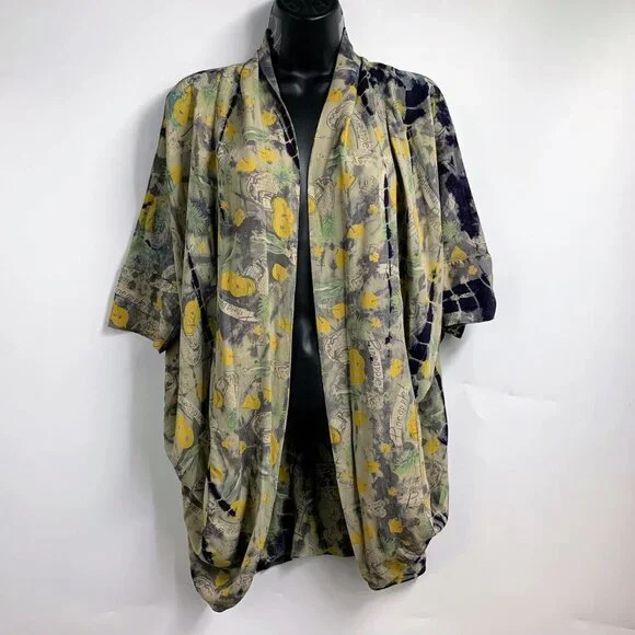 Citron Santa Monica Women's Tropical Pineapple‎ Silk Open Front Cardigan Size S