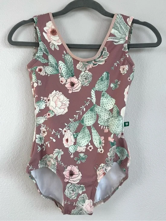Luckyleo dancewear leotard One Piece Open Back Sz S Dusk Rose cactus Floral Boho