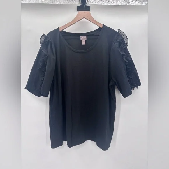 Chico's Black Short Sleeve Top with Ruffle Detail Size 4 (XXL)