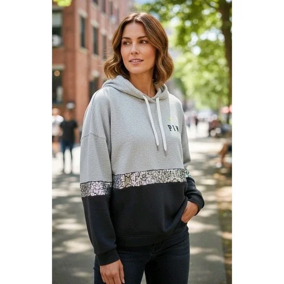 Victoria's Secret PINK Gray Marled Sequin Hoodie SZ M Y2K 2000s Athleisure