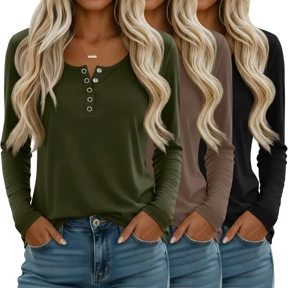 Oakgarden Women's Black Green 3 Pack Henley Button Shirts Long Sleeve Tops L