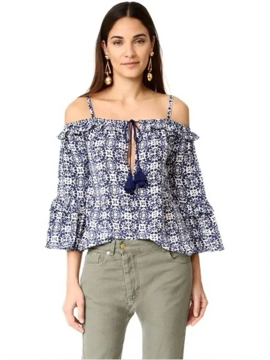 FIGUE Silk Tile Print Off Shoulder Ruffle Bell Sleeve Coquette Tassel Top XS