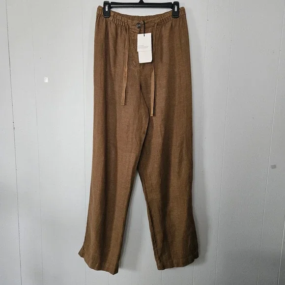 Zara Women Linen Pants M Brown Wide Leg‎ Elastic Waist Drawstring Sustainable