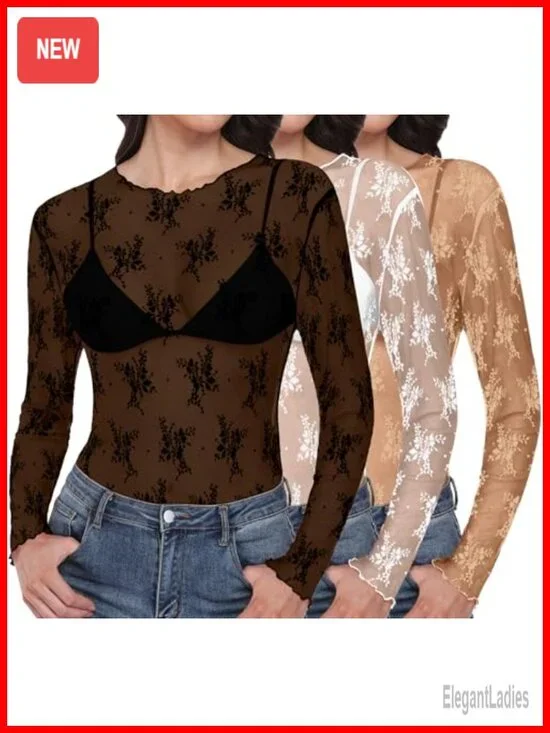 Sheer Mesh Long Sleeve Floral Blouse Mock Neck Ruffle Top Sexy Clubwear