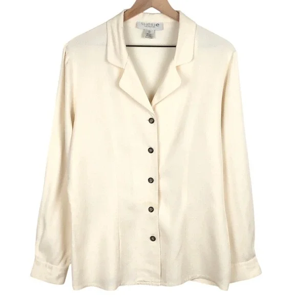 Sheri-e Collection 100% Silk Textured Button Up Blouse Women's 12 Cream L/S‎