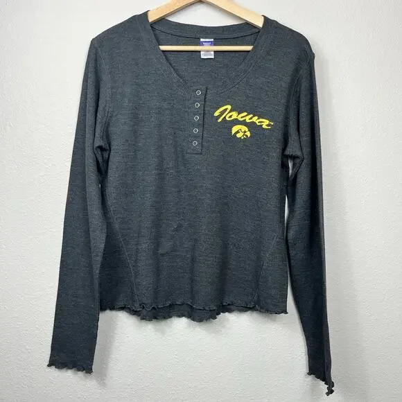 Iowa Hawkeyes Womens Waffle Knit Snap Long Sleeve Henley Medium Gray Ruffle NWOT