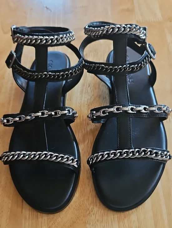 Coach Haddie Gladiator Black Leather Women's Sandals with Silver Chain Detail