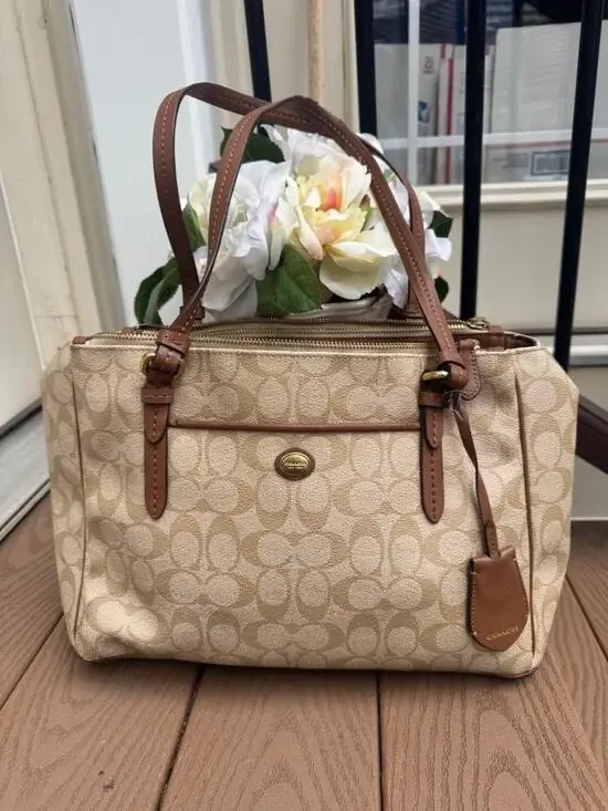Coach F24603 Signature Peyton Beige Leather Double Zip Carryall Tote(170