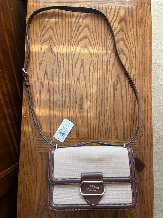 Coach Cream Canvas Crossbody with Brown Leather Trim and Gold Hardware