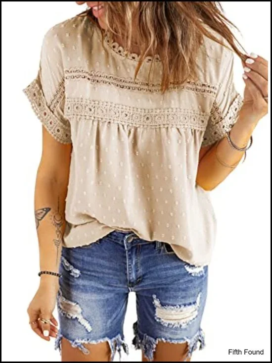 Crewneck Lace Crochet Short Sleeve Blouse - Lightweight Chiffon