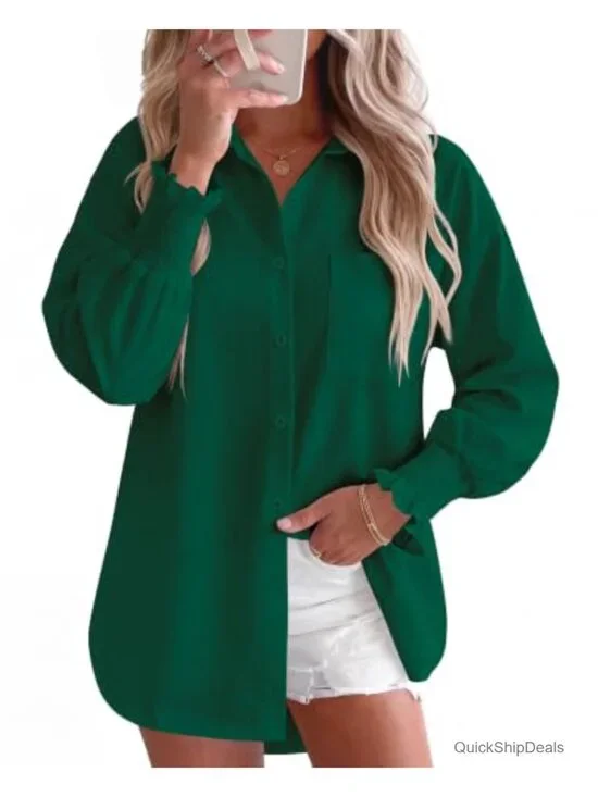 Oversized Button Down Shirt Striped Smocked Cuff Long Sleeve Fall Blouse with