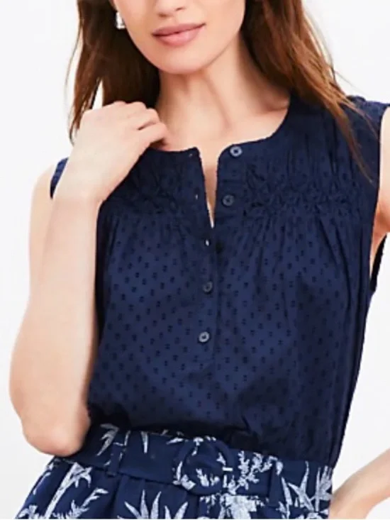 NWT Loft Pleated Yoke Mixed Media Top
