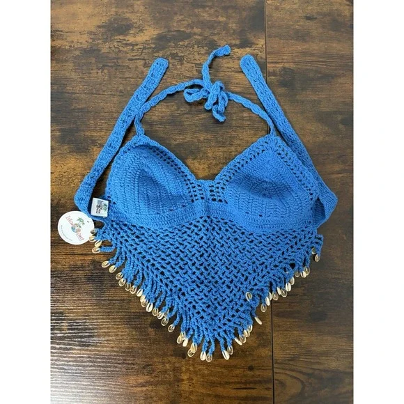 Island Planet Miami Beach Blue Crochet Shell‎ Beads Crop Top Size S
