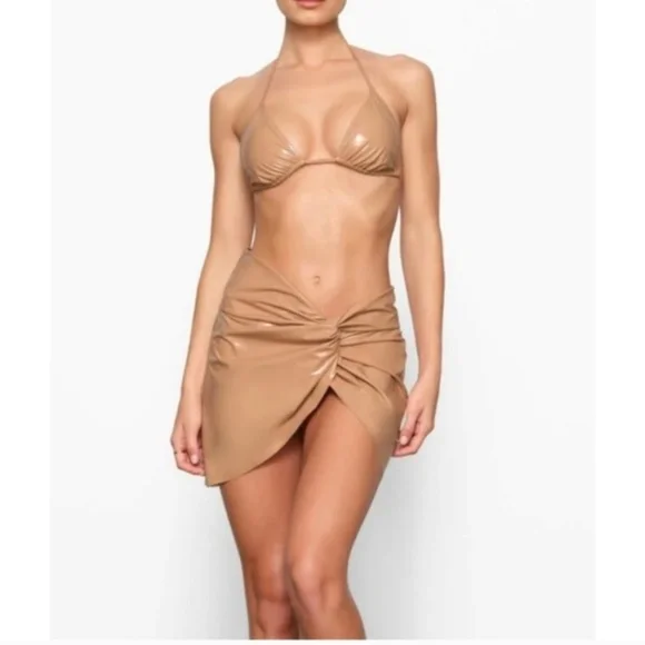 SKIMS NWT Ochre Faux Leather Textured Bikini Story Sarong Mini Skirt Size XL