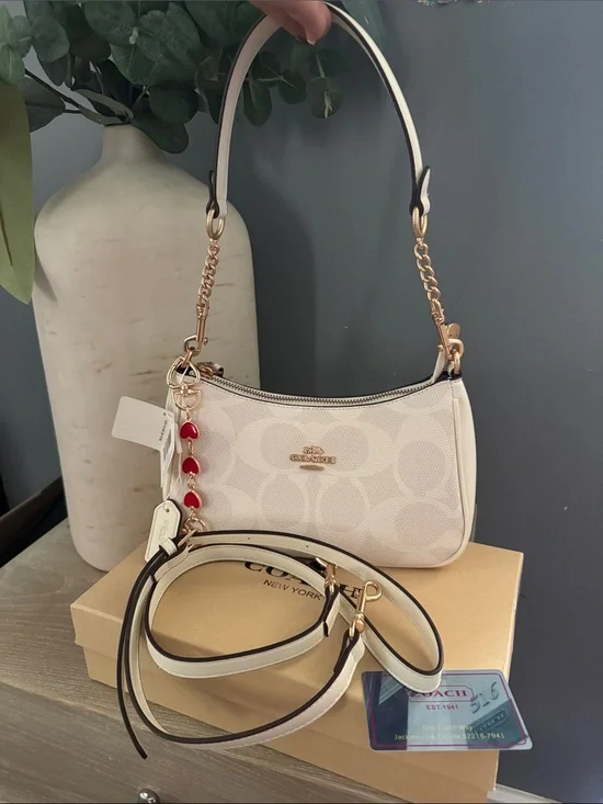 Coach Cream Signature Mini Shoulder Bag with Red Heart Charm