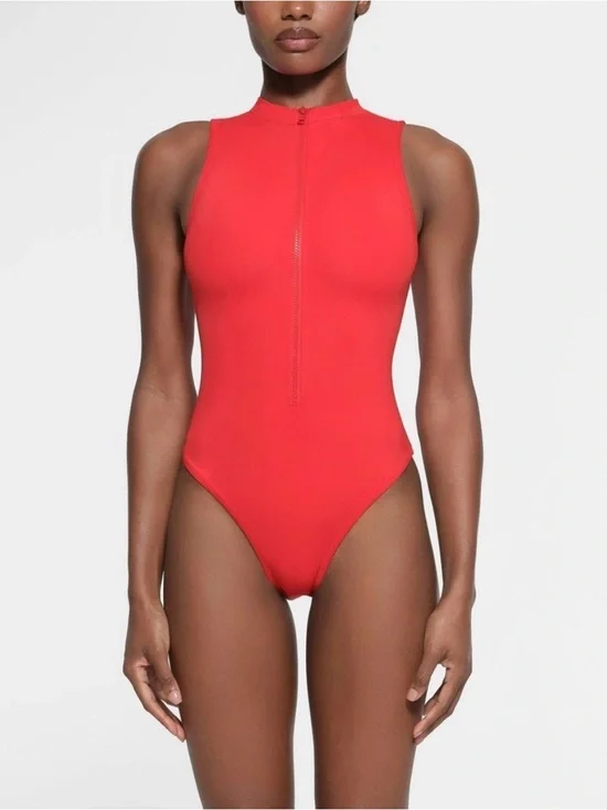 NWT SKIMS Recycled Swim Zip Front Sleeveless One Piece in Ruby XL