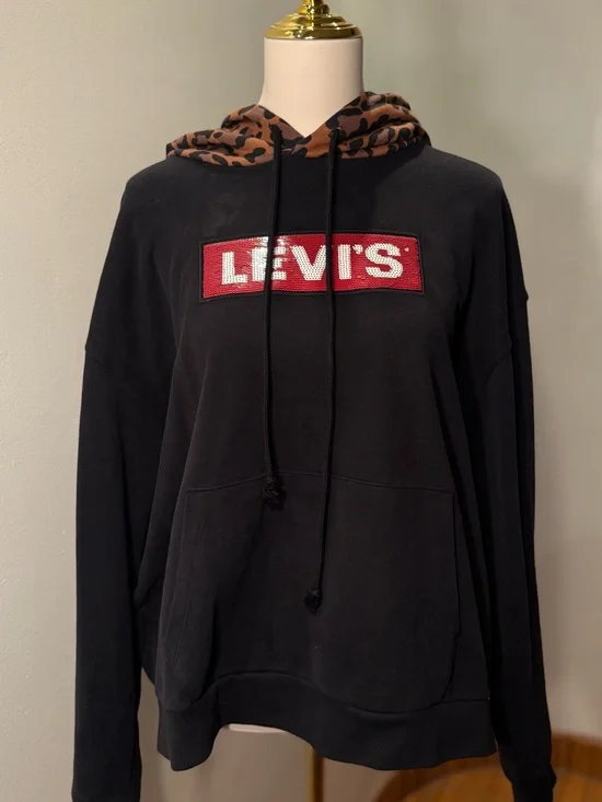 Levi's Black Sequin Logo Hoodie with Red Logo and Leopard Hood Woman Size L