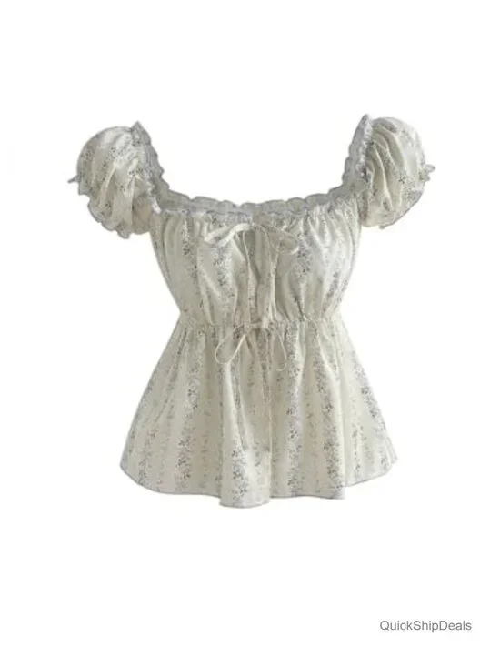 Floral Peplum Top Square Neck Puff Sleeve Ruffle Babydoll Blouse