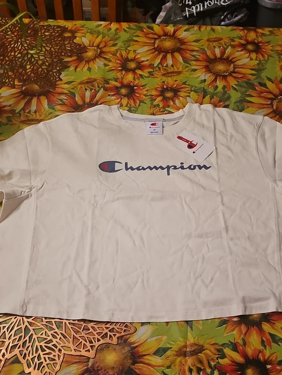 Champion Cream Tee with Navy and Red Logo