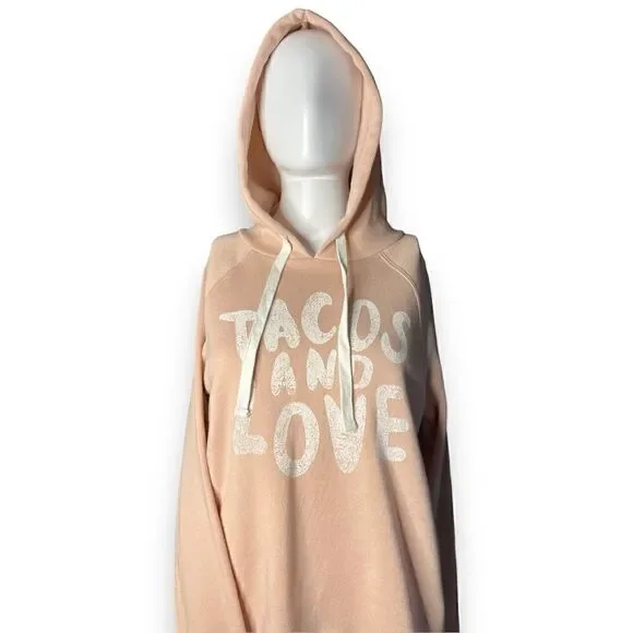 Grayson Threads Tacos and Love Pullover Hoodie Pink & White Size Small