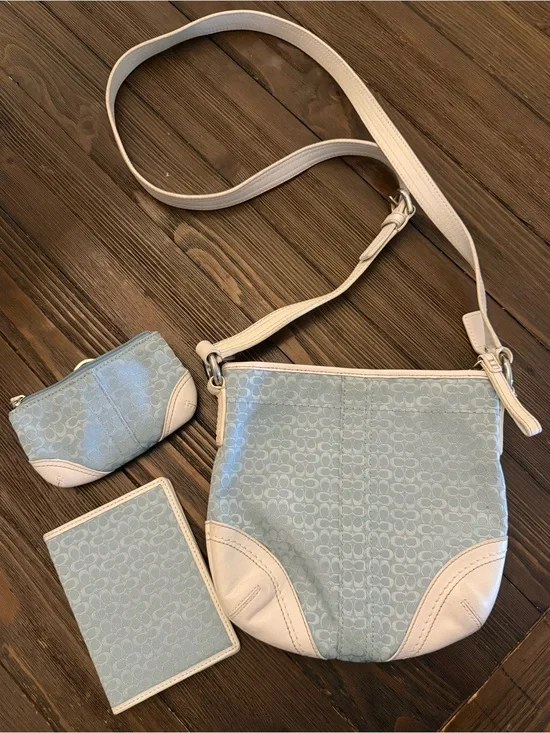 Coach Light Blue and Cream Signature Crossbody