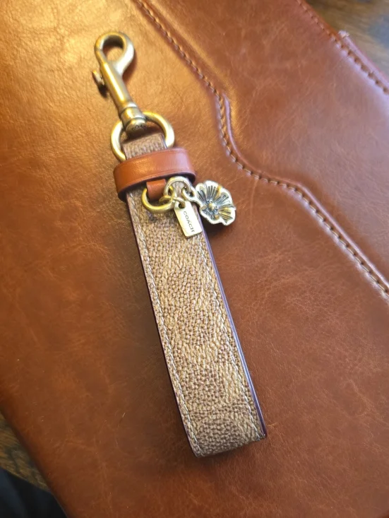 Coach Brown/Tan Signature Canvas Key Fob with Floral Charm