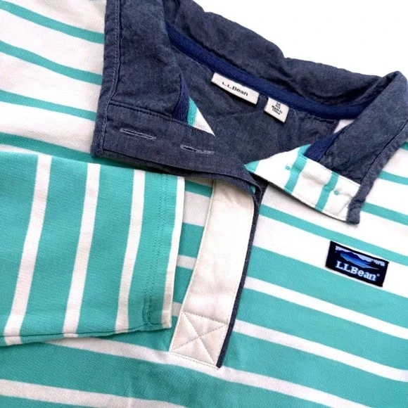 LL Bean Womens Rugby Shirt Size Medium Long Sleeve‎ Striped White Seafoam Green