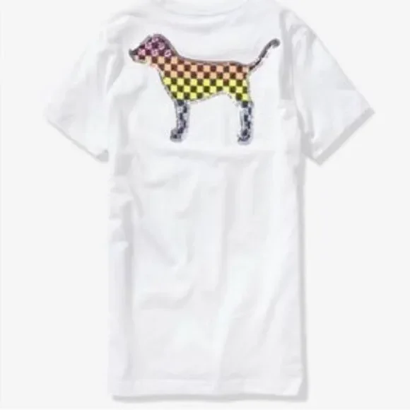 PINK VS CHECKERED RAINBOW BLING DOG CAMPUS TSHIRT XL