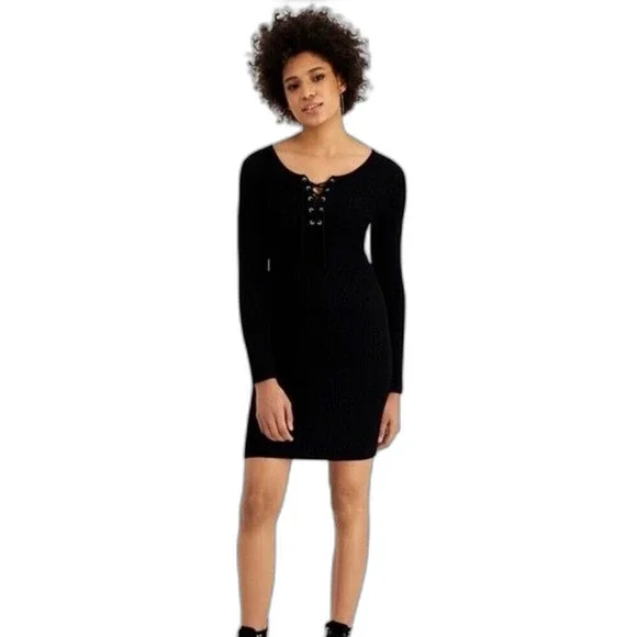 HIPPIE ROSE Juniors' Lace Up Sweater Dress black dress XL