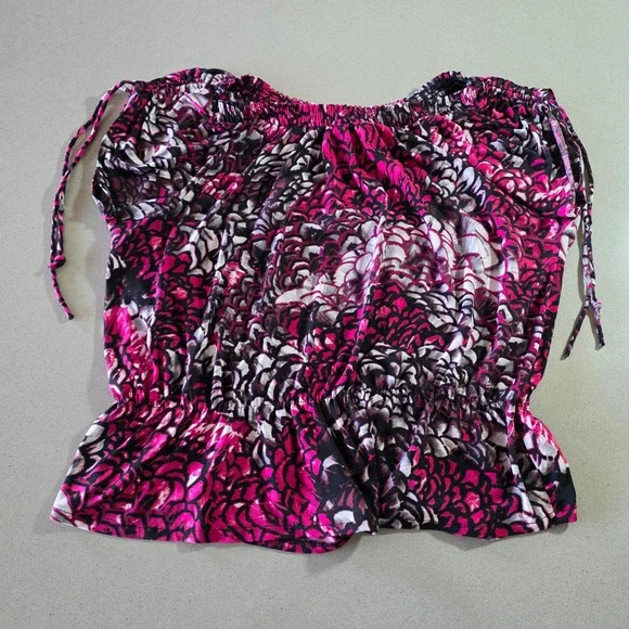 Worthington Stretch‎ Pink Abstract Floral Smocked Blouse XL Off Shoulder Top