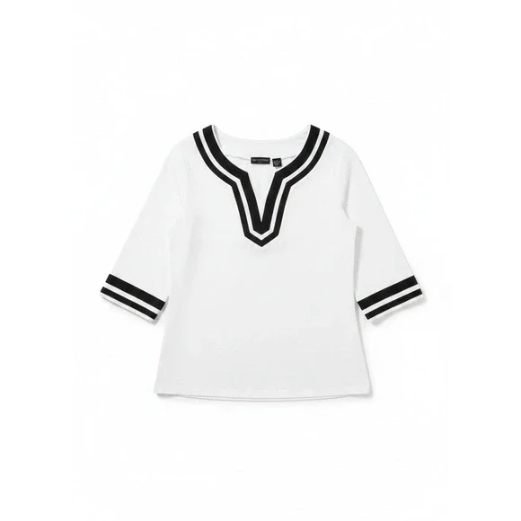 Bay Studio Plus‎ White Black Striped V-Neck, 3/4 Sleeve Top, Women's 1X Tunic