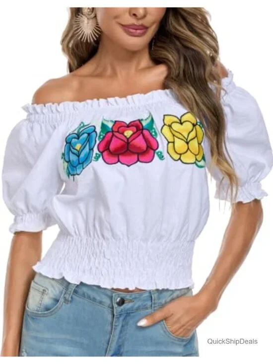 Embroidered Off-Shoulder Blouse Lace Top with Short Puff Sleeves