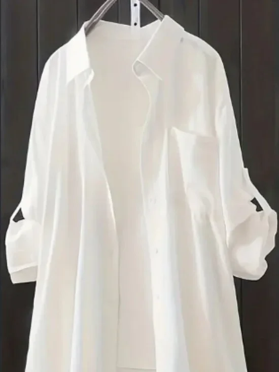 Women's White Solid Patch Pocket Long Sleeve Button Front Shirt Casual Blouse