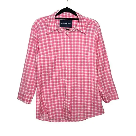 Samantha Sung Pink White Gingham Check Preppy Spring Summer Button Up Shirt - 4