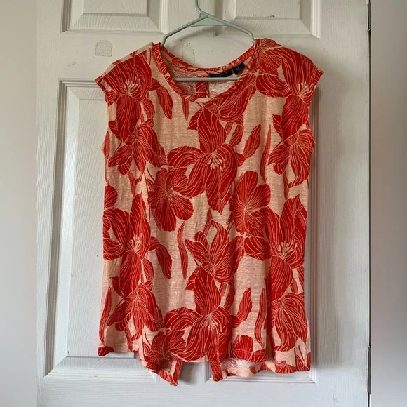 Tahari 100% Linen Orange and Cream Cap Sleeve Round Neck Blouse‎ Sz S