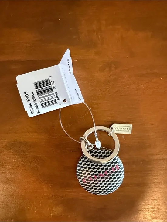 Coach Black & White Woven Logo Disc Keychain with Silver Charm