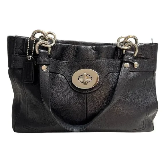 Vintage Coach Black Pebbled Leather Turn Lock Tote Shoulder Bag F18921 Silver