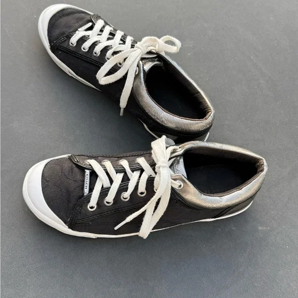 Coach Francesca lace-up sneakers in black metallic silver/pewter trim‎ 9.5