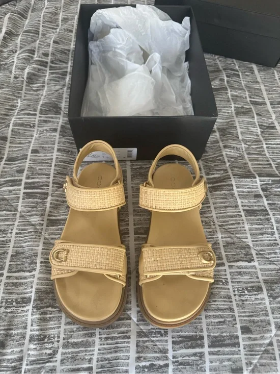 Coach Brynn Raffia Strap Sandals - Beige
