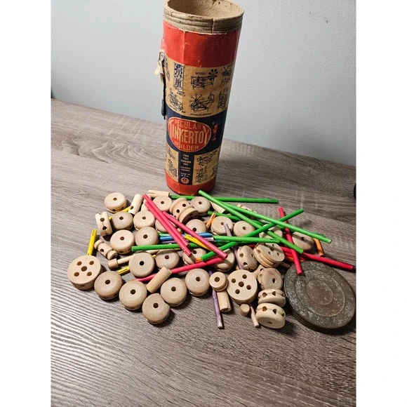 Vintage Tinkertoy Regular Builder Wooden Construction Set Original Tube USA 1950