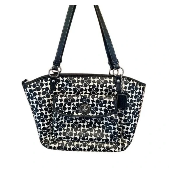 Coach Signature C Y2K Chelsea Leah Monogram Black White Canvas Leather Trim Tote