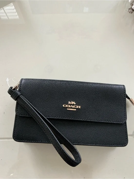 Coach Black Leather Wristlet with Gold Logo