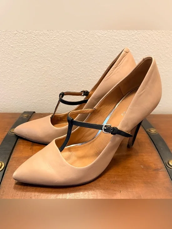Coach Nude Pointed-Toe T-Strap Pumps with Black Straps