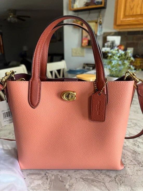 Coach Willow 24 Coral Leather Tote with Brown Trim