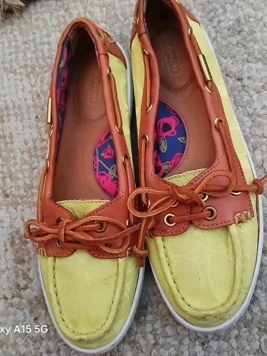 Coach Yellow Canvas and Brown Leather Trim Moccasins with Pink Printed Insole