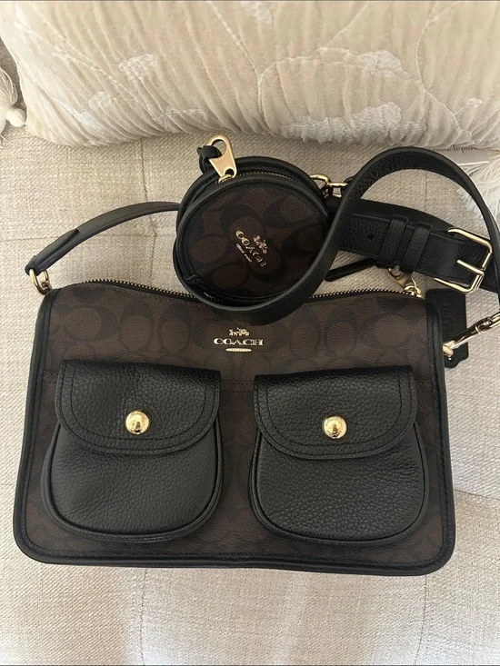 Coach Brown Signature Canvas Crossbody with Black Leather Pockets and Coin Pouch