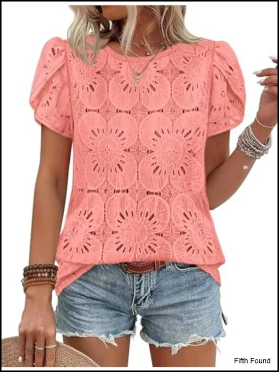 Women's Crochet Lace Boho Petal Short Sleeve Blouse Tunic