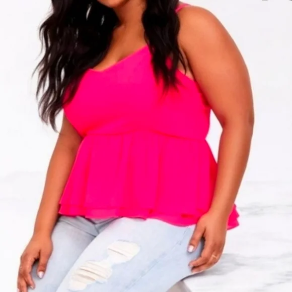 Torrid Neon Pink Peplum Chiffon Midi Cami Tank Top Size 0 (Large/12)‎