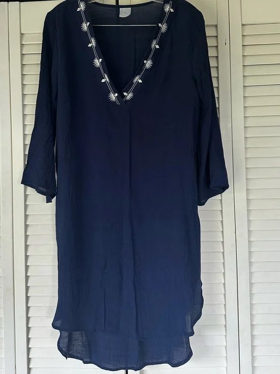Kona Sol Navy V-Neck Cover Up Tunic with White Embroidery